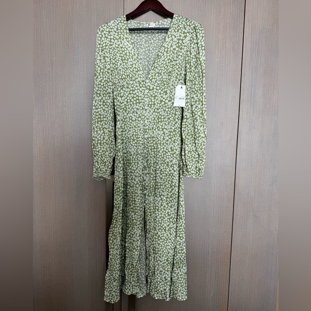 Green Floral Women's Billabong Dress Long-Sleeve Midi Length